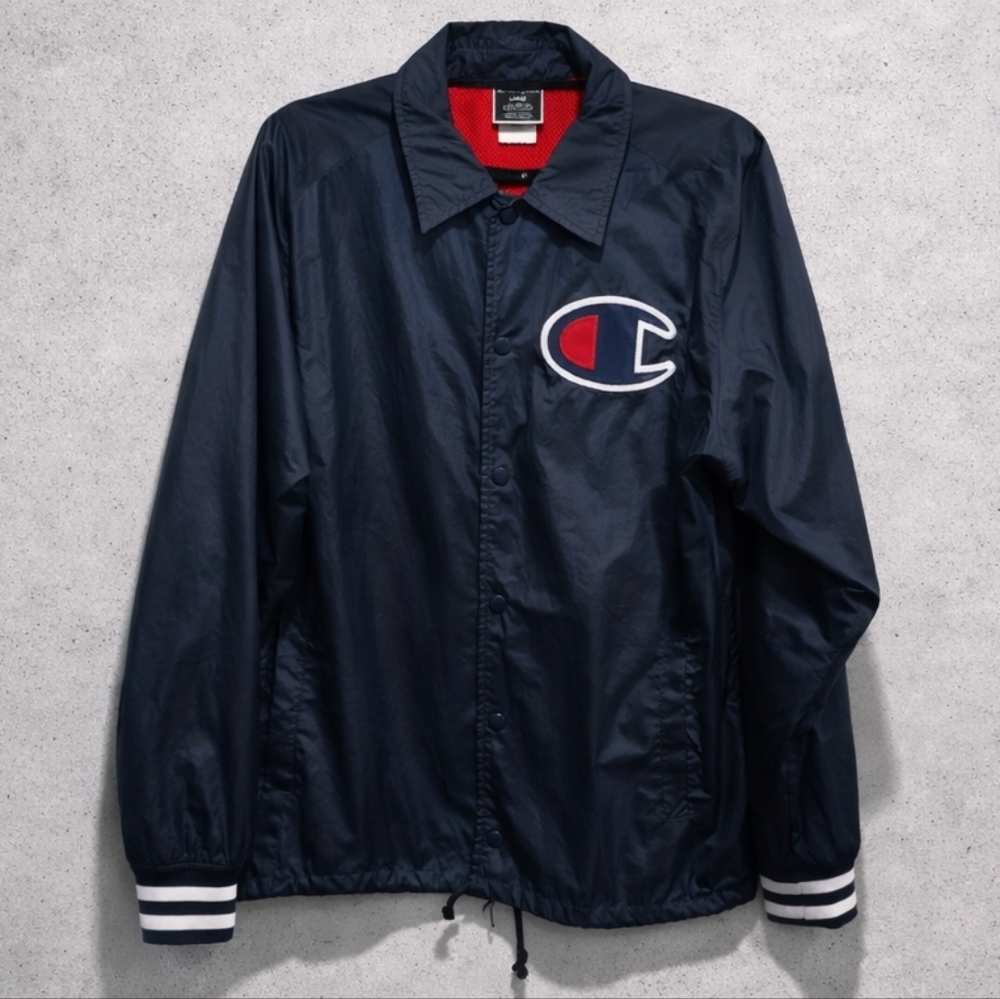 Champion Navy Coach Jacket Large Big C Logo Snap Front